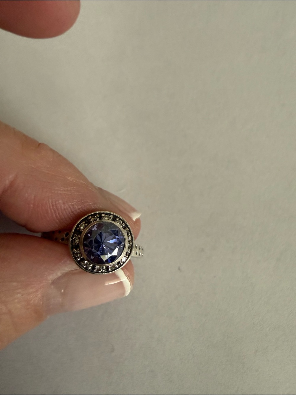 Sterling Silver Round Halo Ring with Purple Gemstone